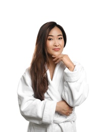 Portrait of beautiful Asian woman in bathrobe isolated on white. Spa treatment