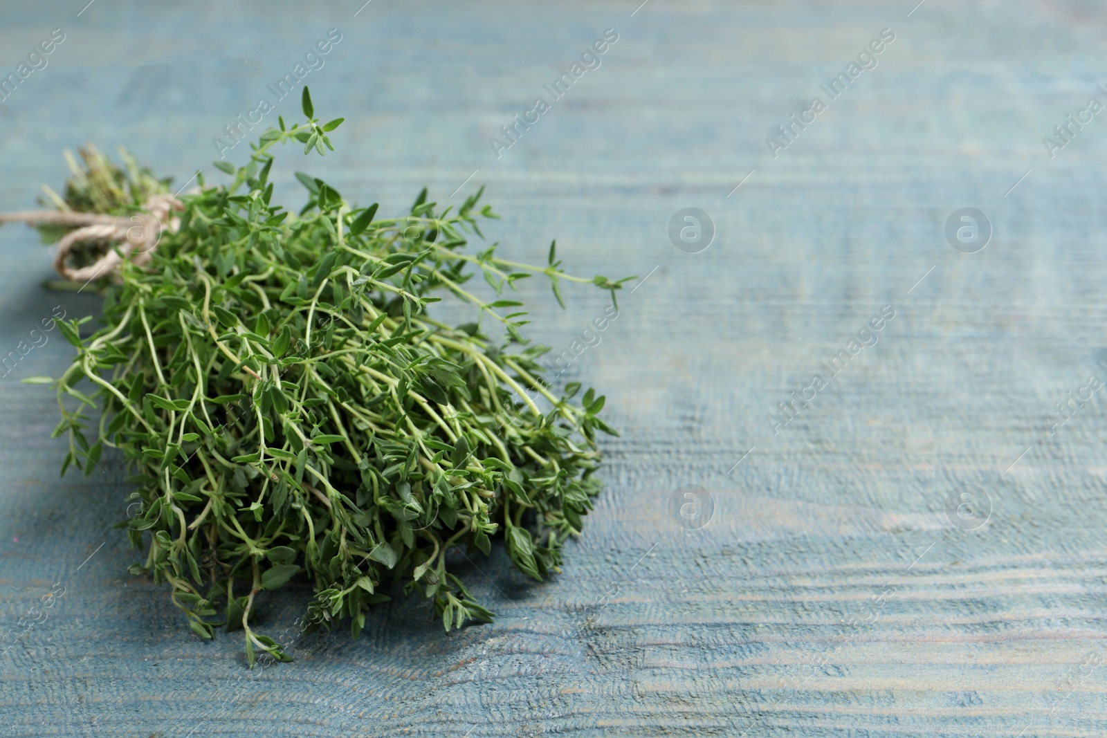 Photo of Bunch of aromatic thyme on light blue wooden table, closeup. Space for text