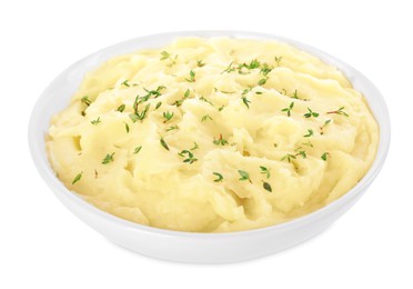 Bowl of tasty mashed potato with rosemary isolated on white