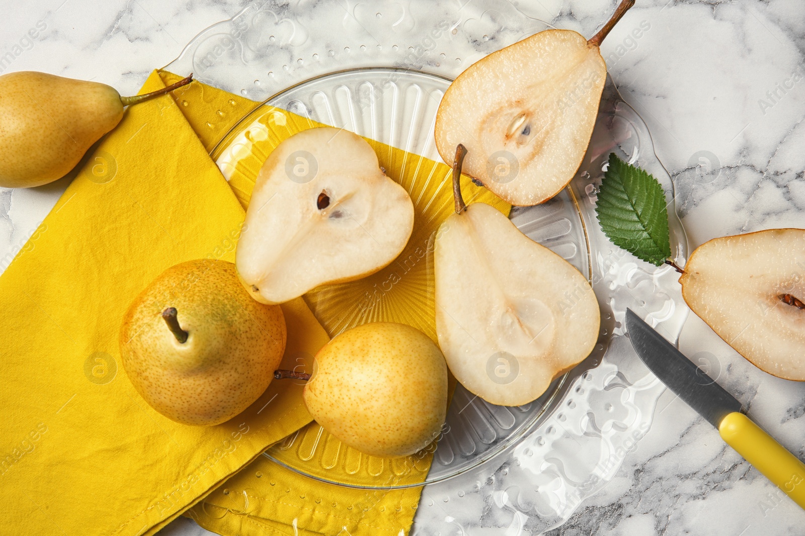 Photo of Flat lay composition with ripe pears on marble background