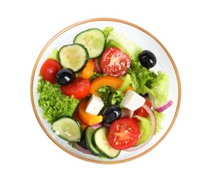 Photo of Tasty fresh Greek salad on white background, top view