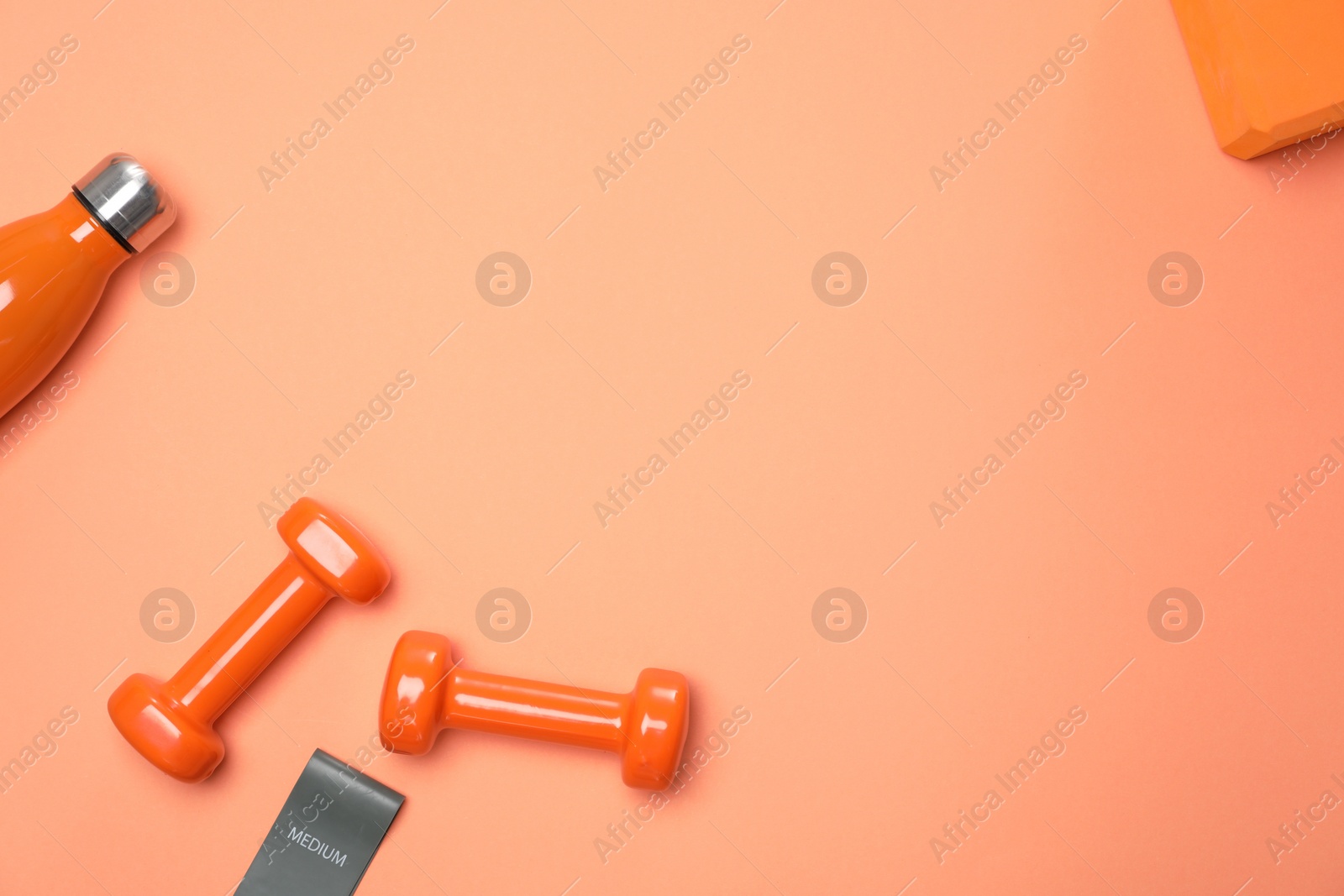 Photo of Dumbbells and thermo bottle on coral background, flat lay. Space for text