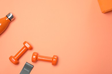 Photo of Dumbbells and thermo bottle on coral background, flat lay. Space for text