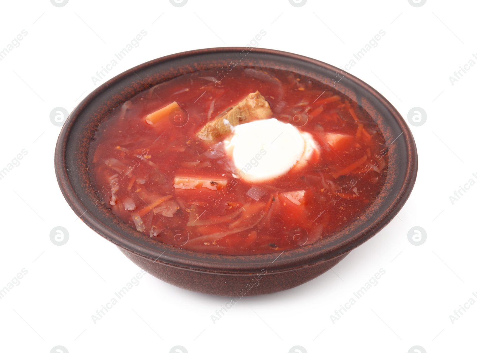 Photo of Tasty borscht with sour cream in bowl isolated on white