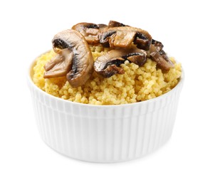 Photo of Tasty millet porridge with mushrooms in bowl isolated on white