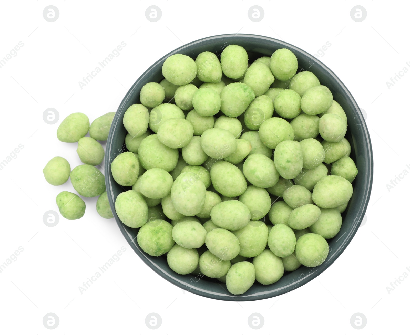 Photo of Tasty wasabi coated peanuts in bowl on white background, top view