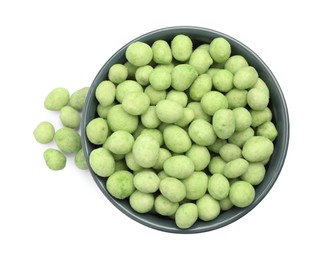 Tasty wasabi coated peanuts in bowl on white background, top view