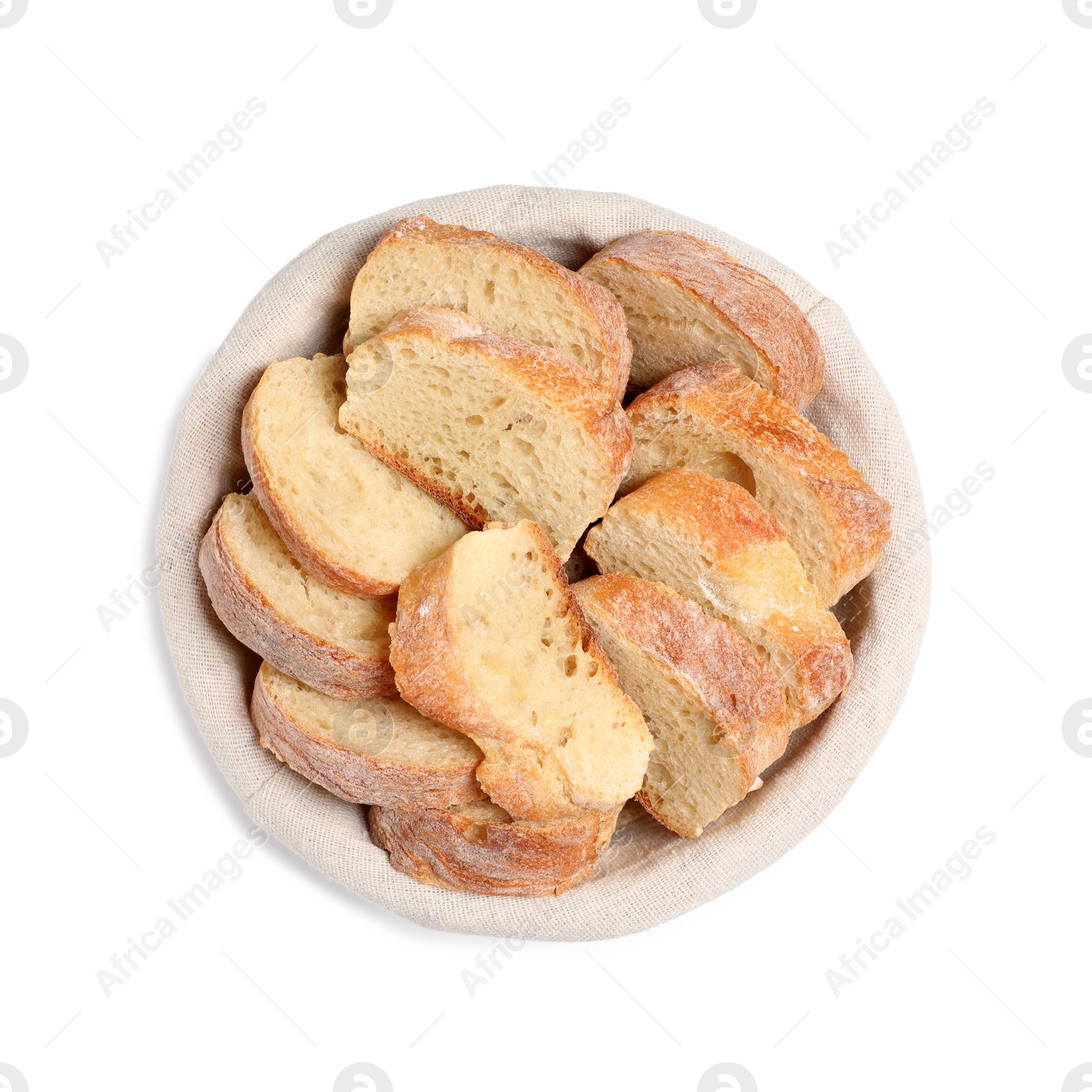 Photo of Cut delicious French baguette isolated on white, top view