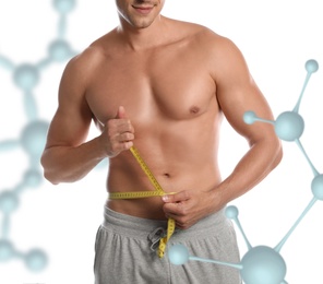 Image of Metabolism concept. Man with slim body on white background 