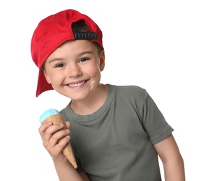 Adorable little boy with delicious ice cream on white background