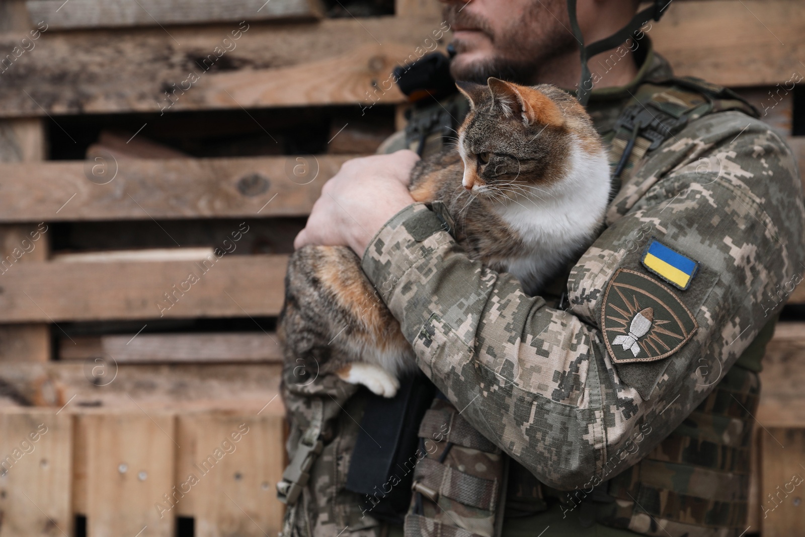 Photo of Ukrainian soldier with stray cat outdoors, closeup. Space for text