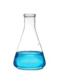 Conical flask with liquid on table against white background. Laboratory analysis