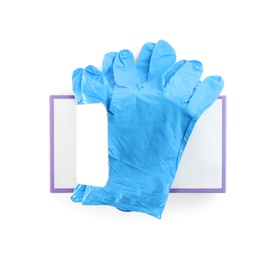 Photo of Box of new medical gloves isolated on white, top view