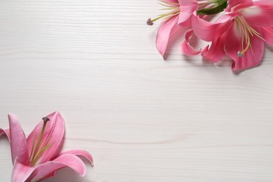 Beautiful pink lily flowers on white wooden table, flat lay. Space for text