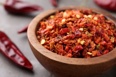 Chili pepper flakes in bowl on table, closeup