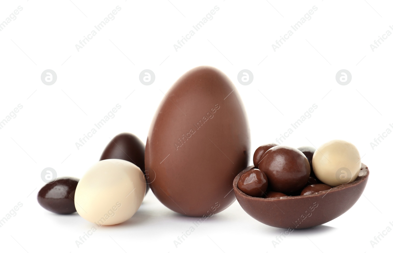 Photo of Tasty chocolate Easter eggs on white background