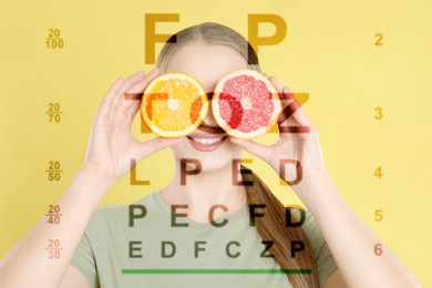 Image of Improving eyesight. Vision test chart and photo of woman with citrus fruits near eyes on yellow background, double exposure