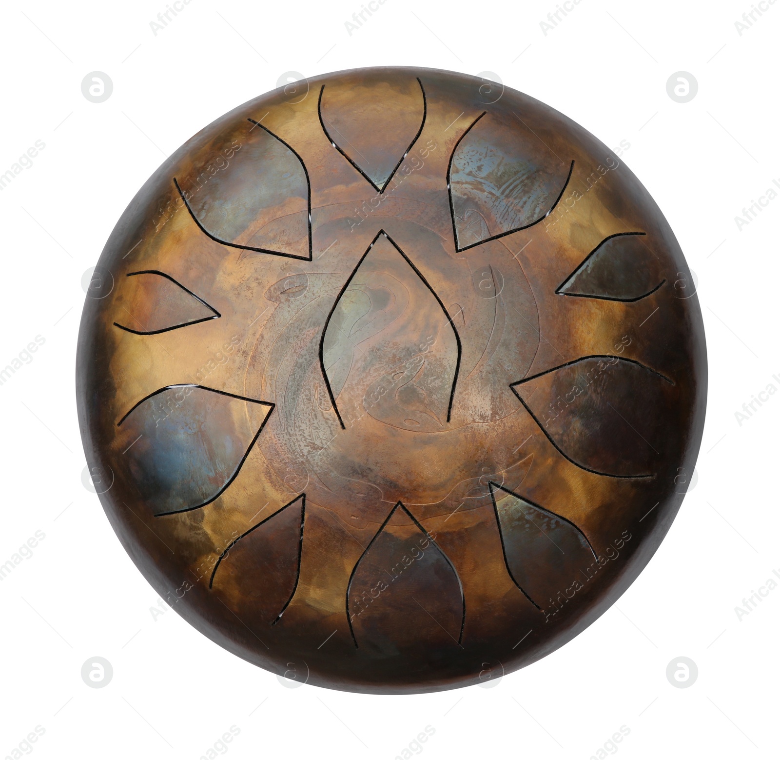 Photo of Steel tongue drum isolated on white, top view