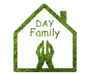 Happy Family Day. Illustration of house and hands on white background