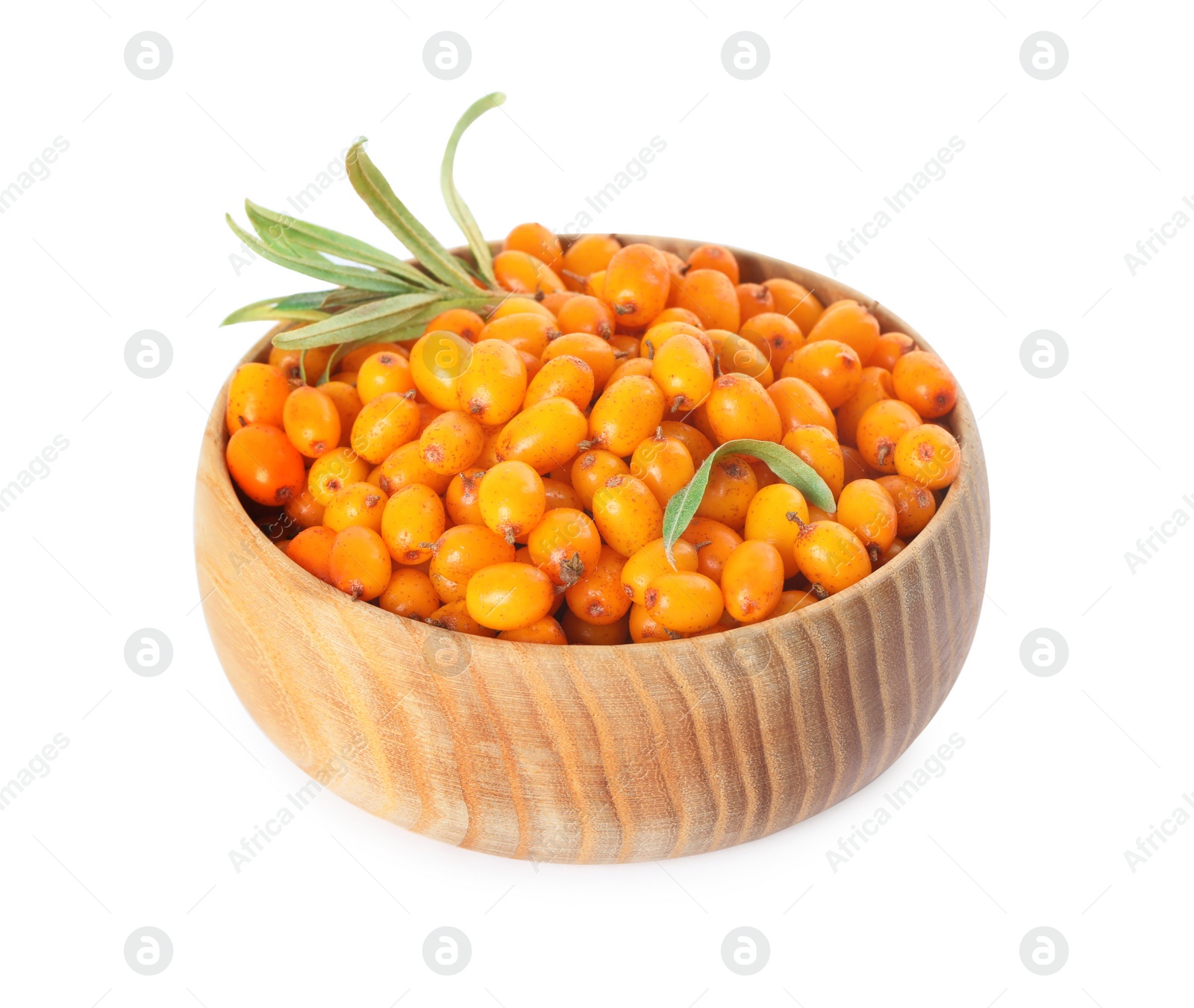 Photo of Fresh ripe sea buckthorn berries in bowl isolated on white