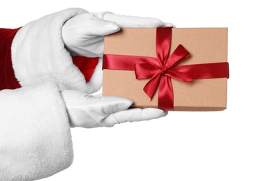 Photo of Merry Christmas. Santa Claus holding gift box on white background, closeup