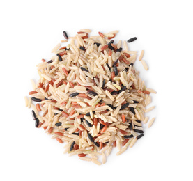 Photo of Different sorts of brown rice isolated on white, top view