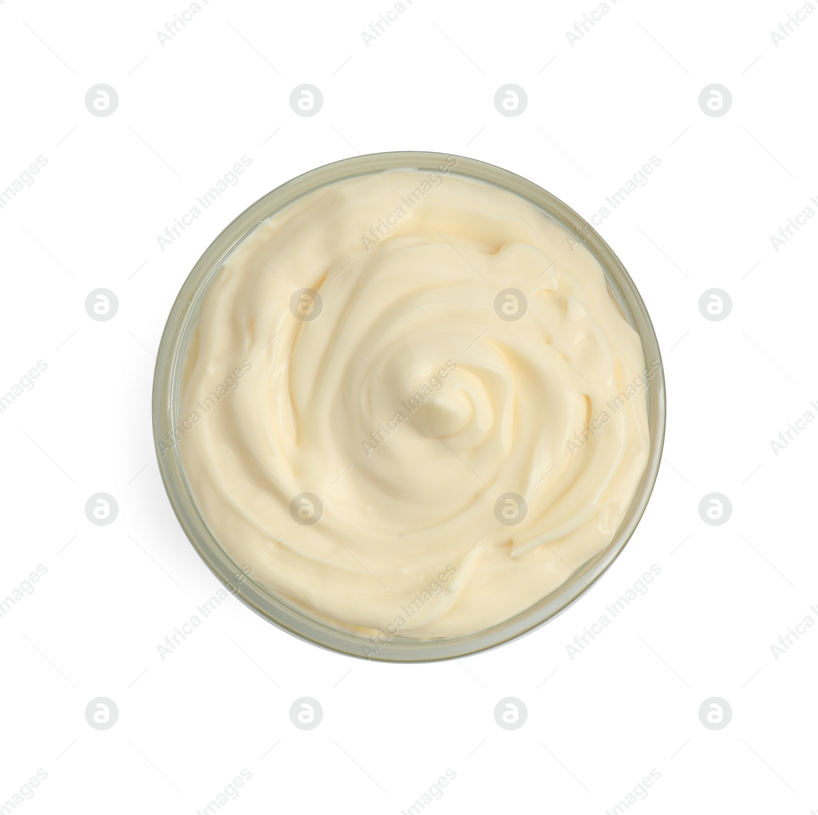 Photo of Fresh mayonnaise sauce in glass bowl isolated on white, top view