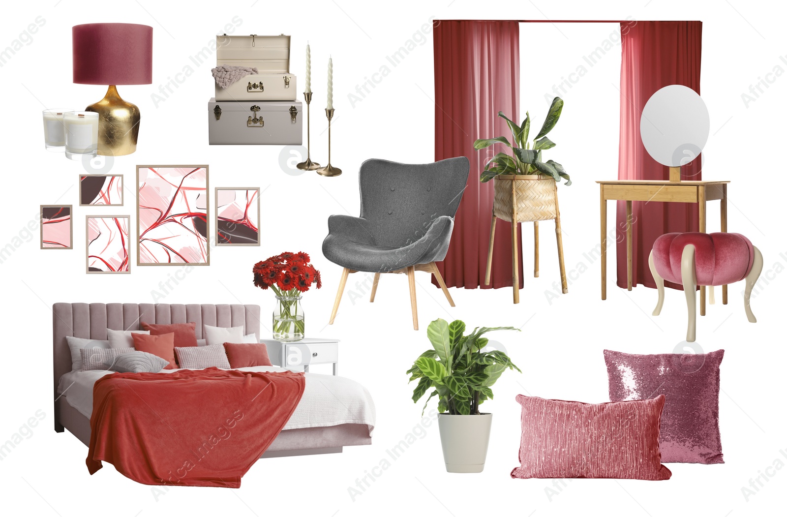 Image of Stylish bedroom interior with different decorative elements and furniture on white background. Mood board collage