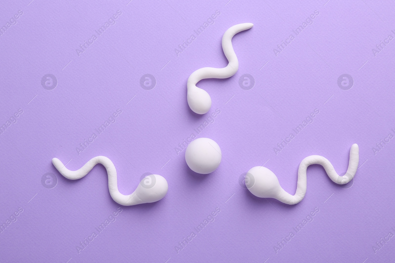 Photo of Fertilization concept. Sperm cells swimming towards egg cell on violet background, top view