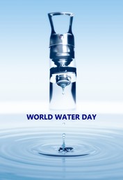 Image of World Water Day. Drop flowing from tap with splash on light background