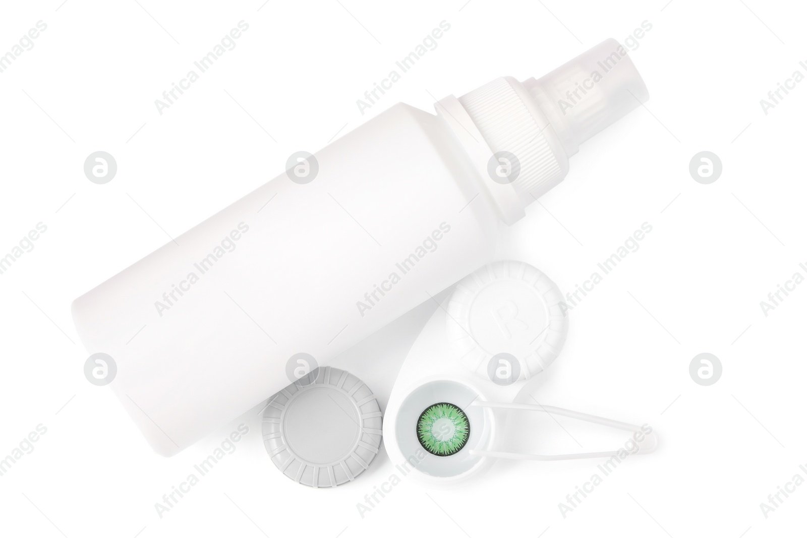 Photo of Case with color contact lenses, bottle of cosmetic product and tweezers isolated on white, top view