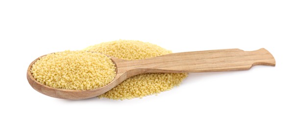 Wooden spoon with raw couscous on white background