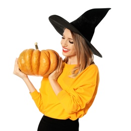 Photo of Beautiful woman wearing witch costume with pumpkin for Halloween party on white background