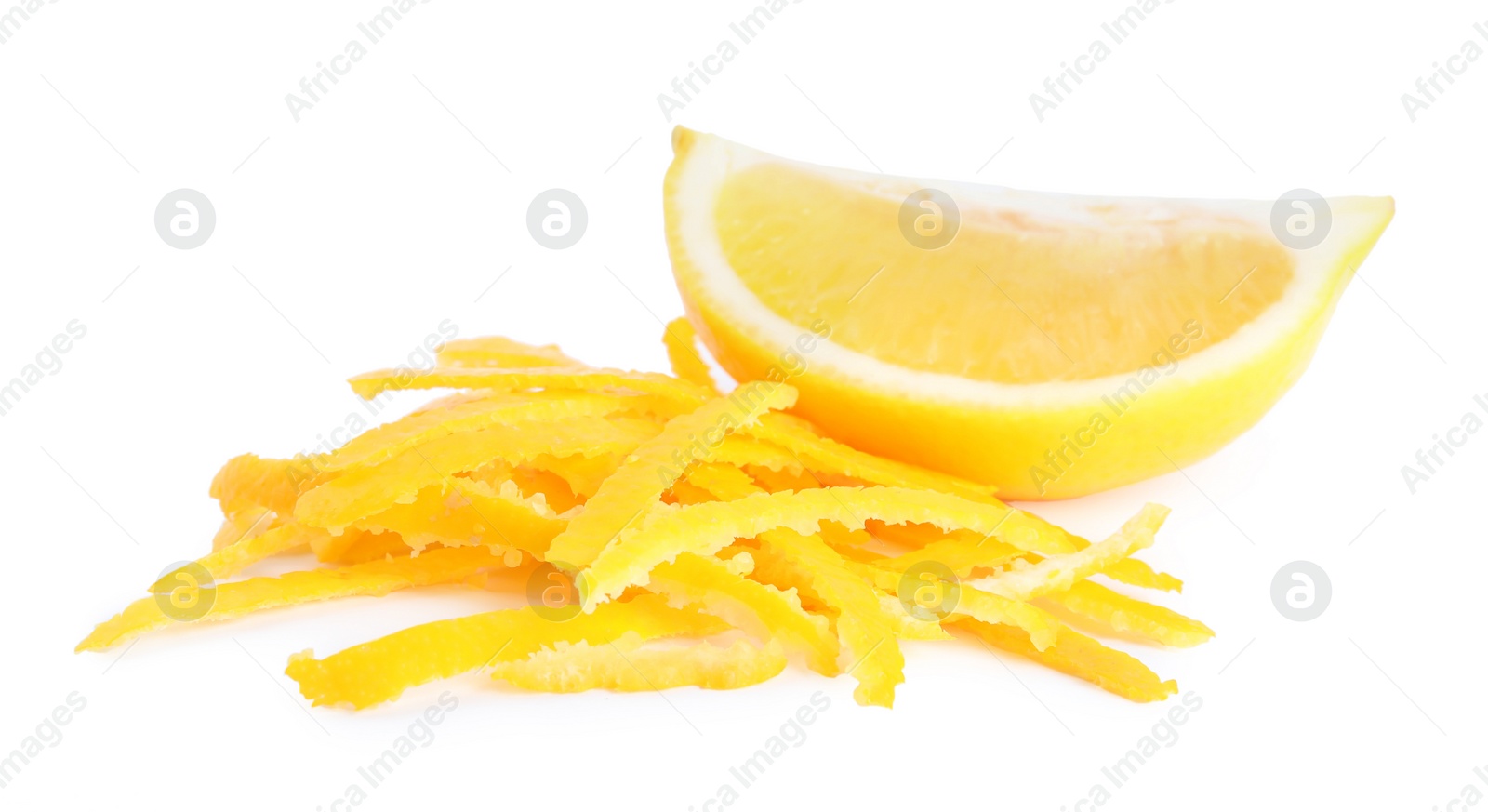 Photo of Grated lemon zest and fresh fruit on white background