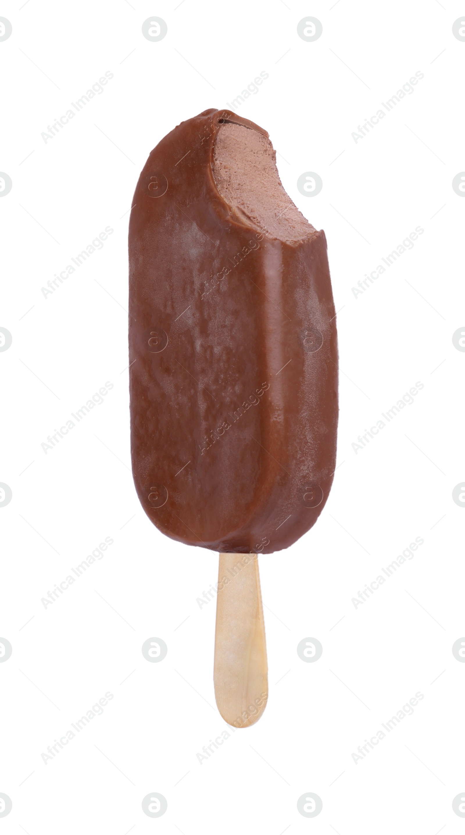 Photo of Delicious bitten chocolate-glazed ice cream bar isolated on white, top view