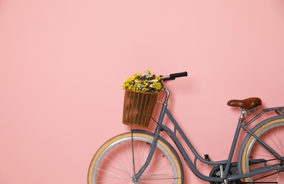 Retro bicycle with wicker basket on color background