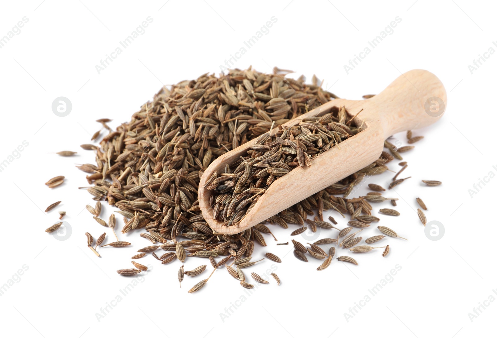 Photo of Scoop of aromatic caraway (Persian cumin) seeds isolated on white