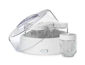 Modern yogurt maker with empty jars on white background