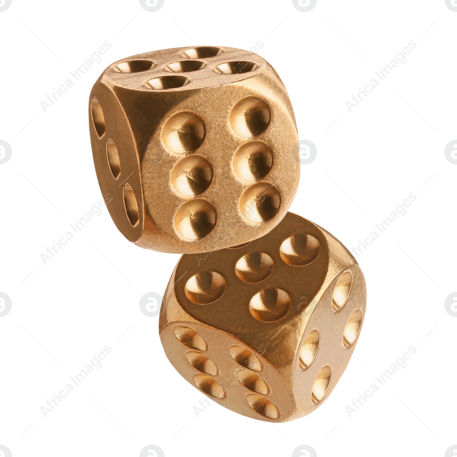 Image of Two golden dice in air on white background