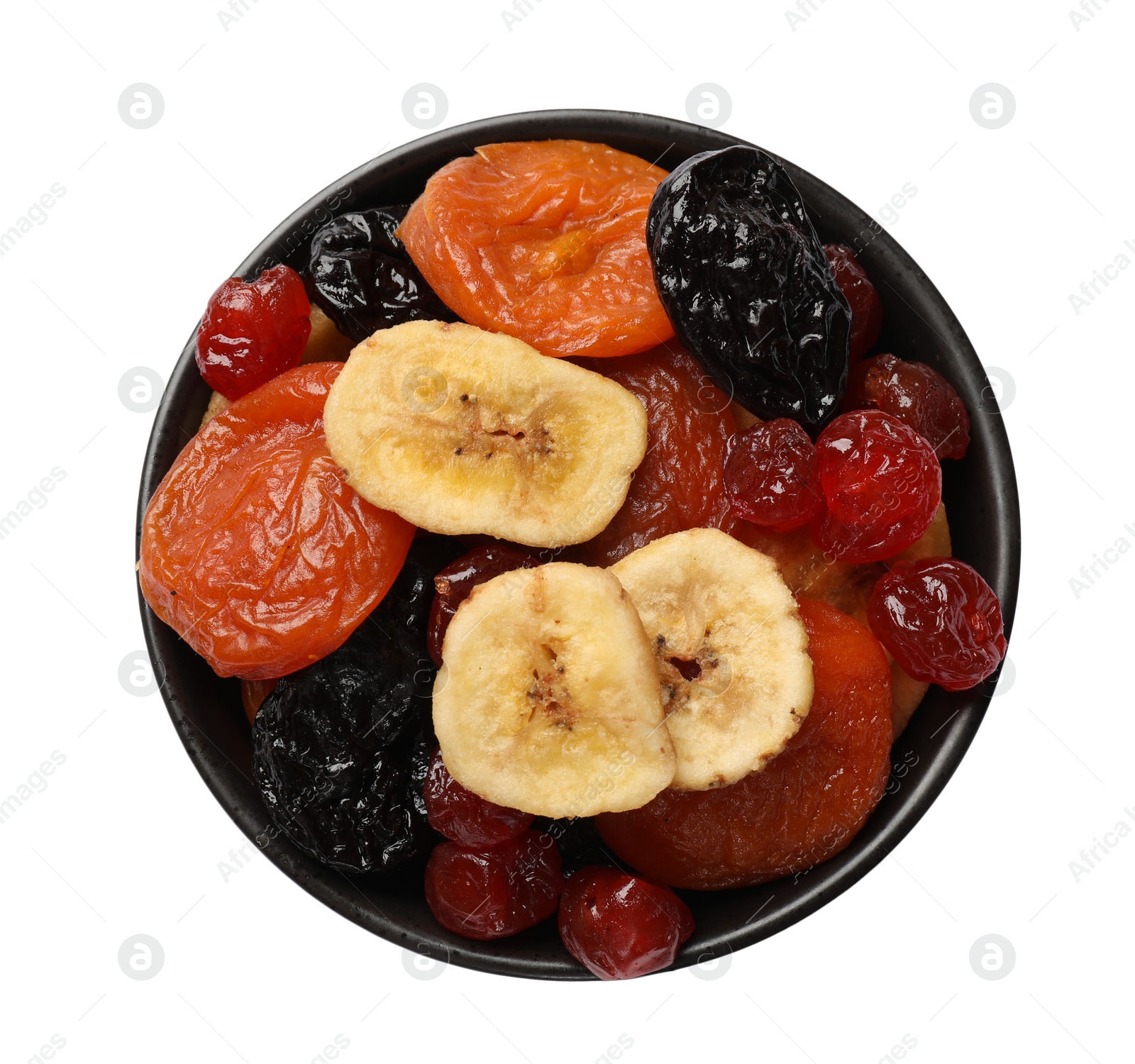 Photo of Mix of delicious dried fruits isolated on white, top view