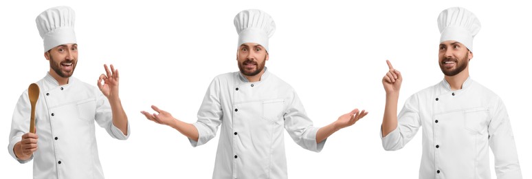 Image of Chef in uniform on white background, set with photos