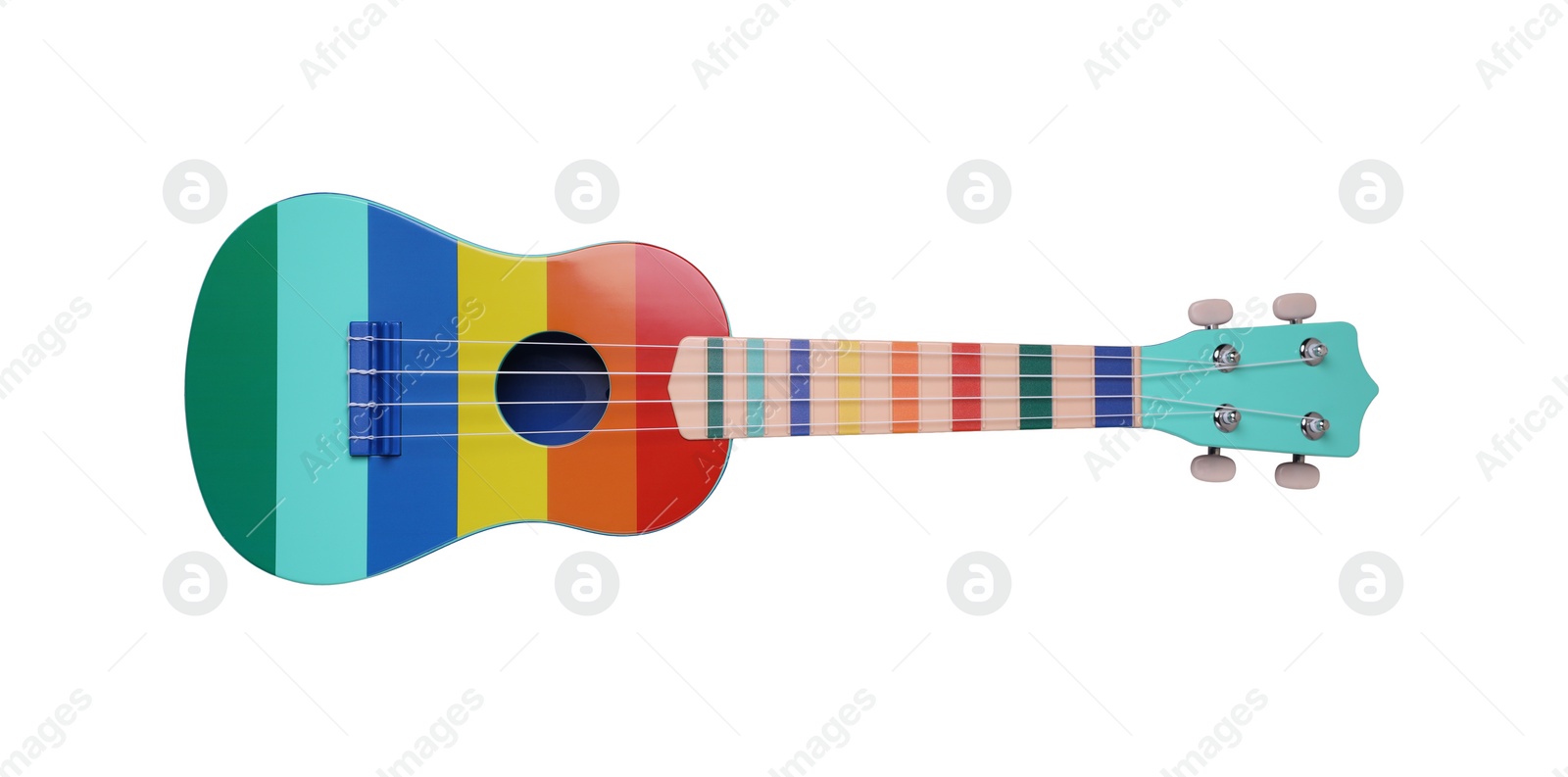 Photo of Colorful ukulele on white background, top view. String musical instrument