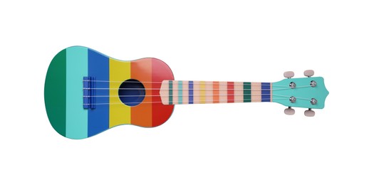 Photo of Colorful ukulele on white background, top view. String musical instrument