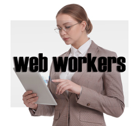 Image of Young woman with tablet on white background. Web workers