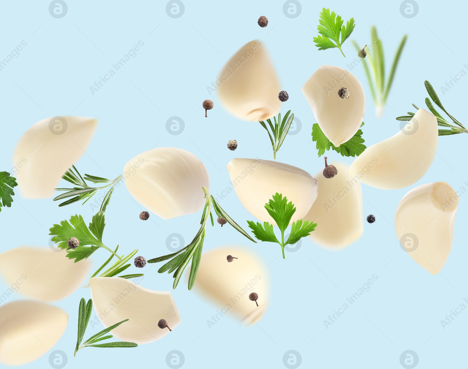 Image of Fresh peeled garlic cloves, peppercorns, parsley and rosemary flying on light blue background