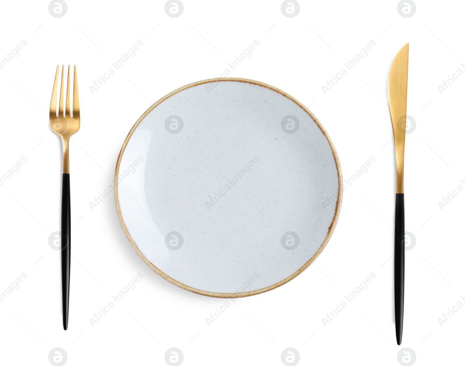 Image of Empty plate with golden fork and knife on white background, top view