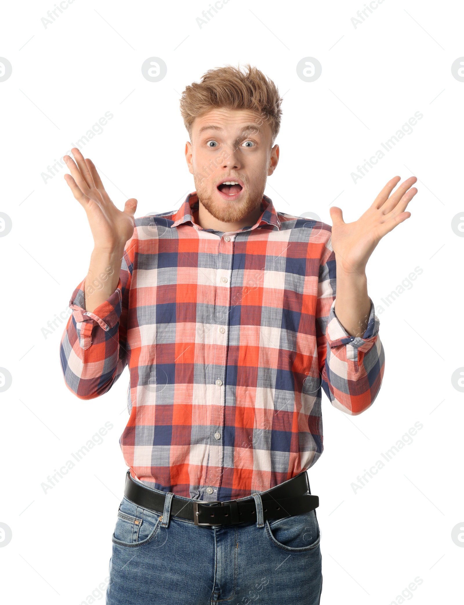 Photo of Portrait of emotional man posing on white background