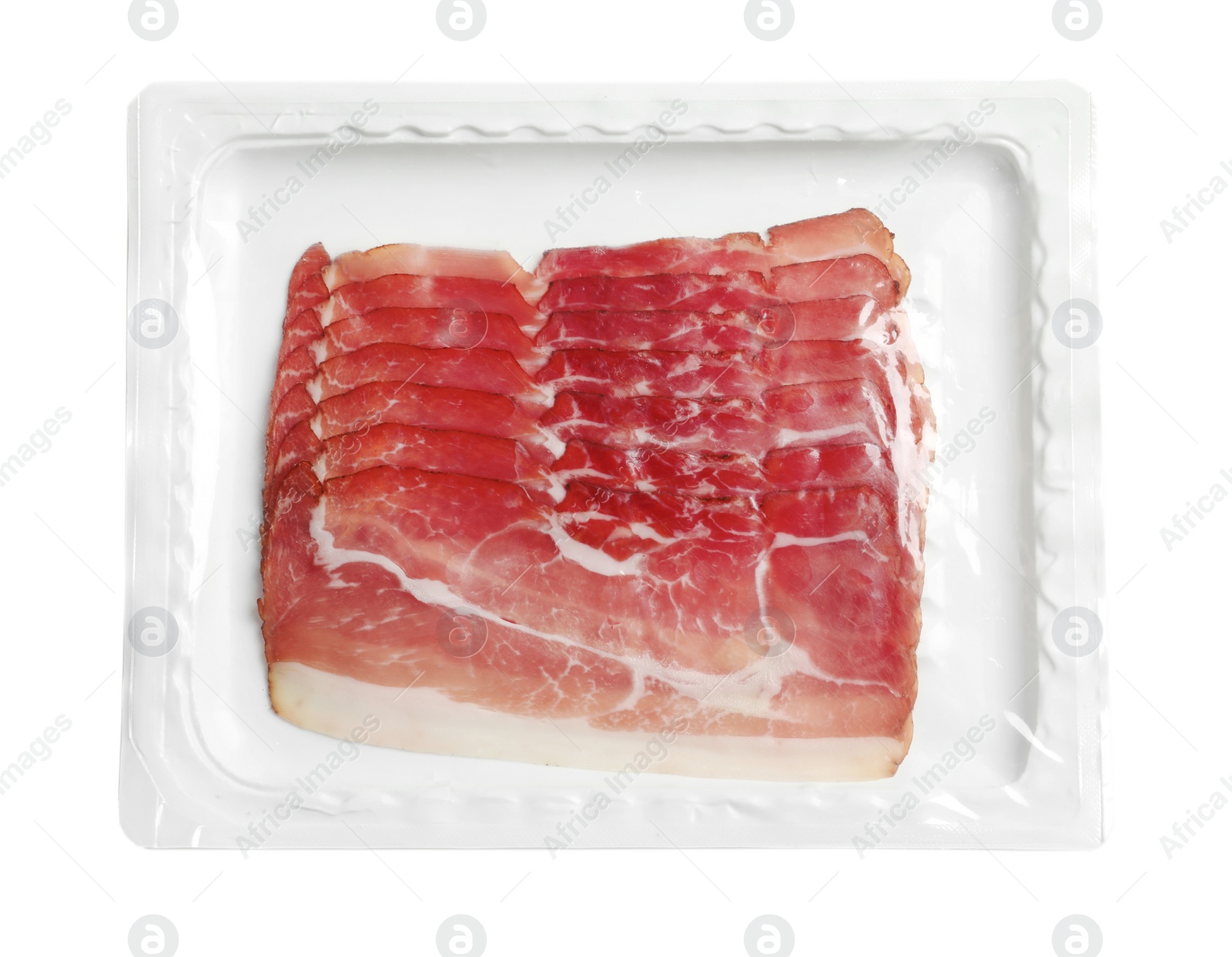 Photo of Raw bacon on white background