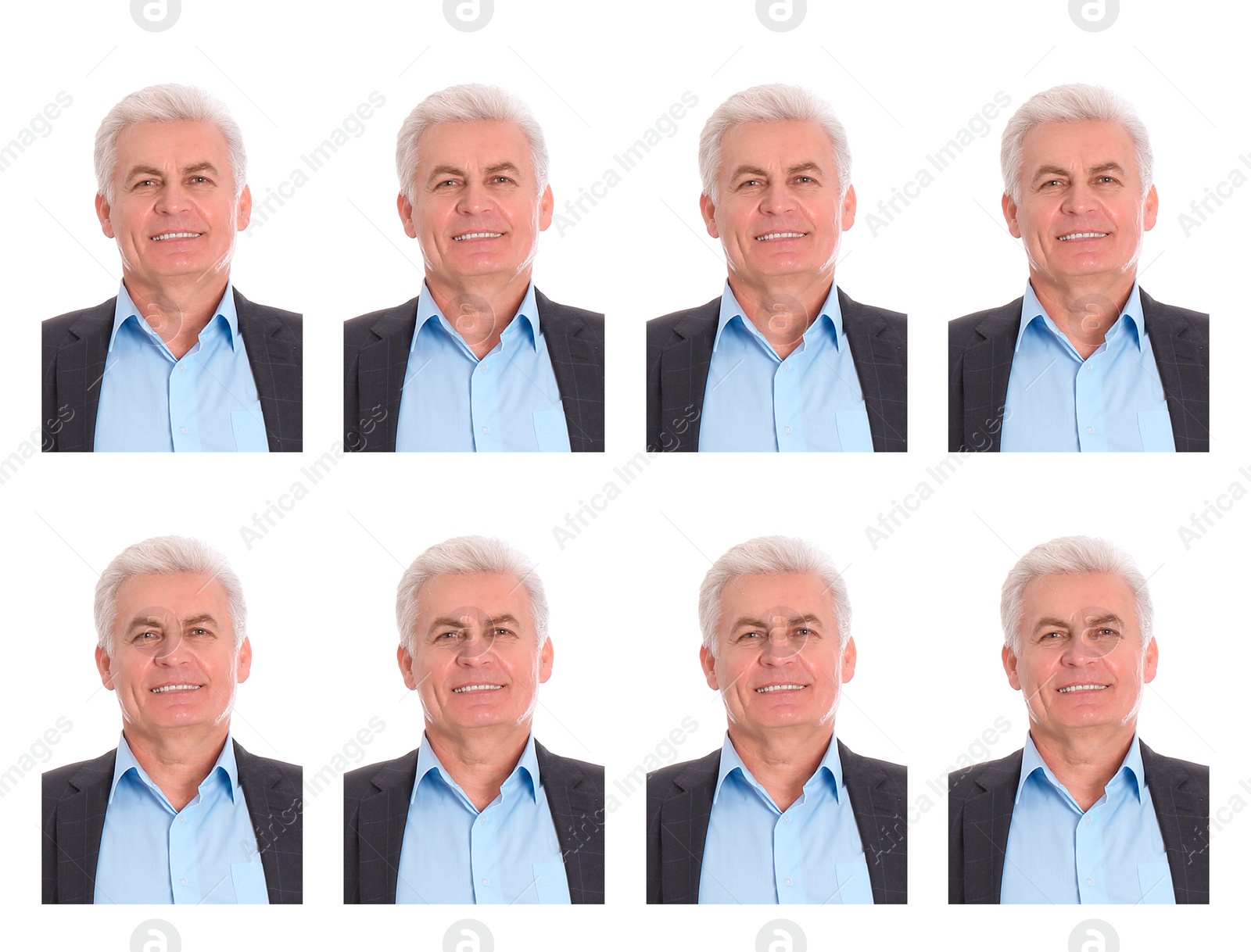 Image of Passport photo, collage. Man on white background, set of photos