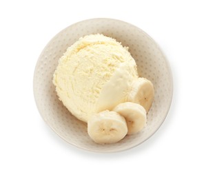 Scoop of ice cream and banana slices in bowl isolated on white, top view